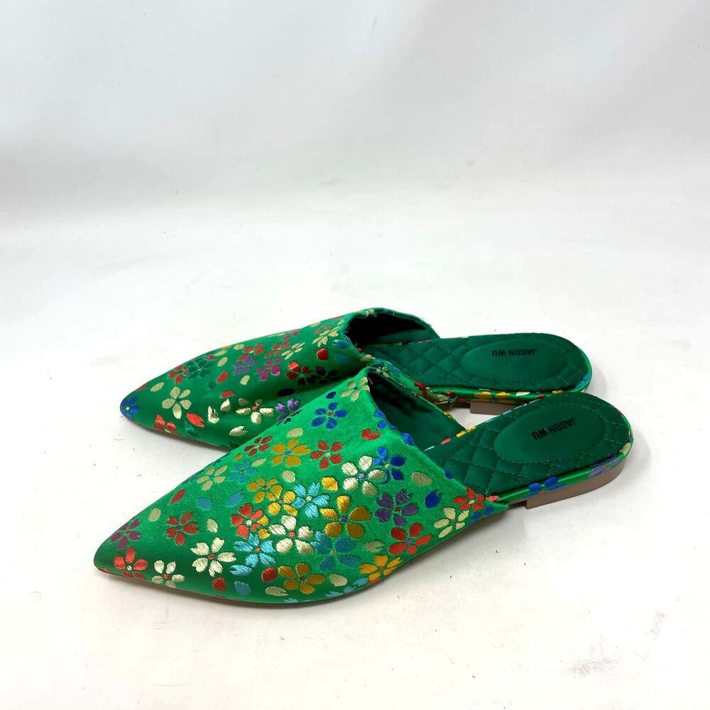 Jason Wu Green Metallic Floral Print Satin Slipper Mules Size US 7 - Picture 3 of 6